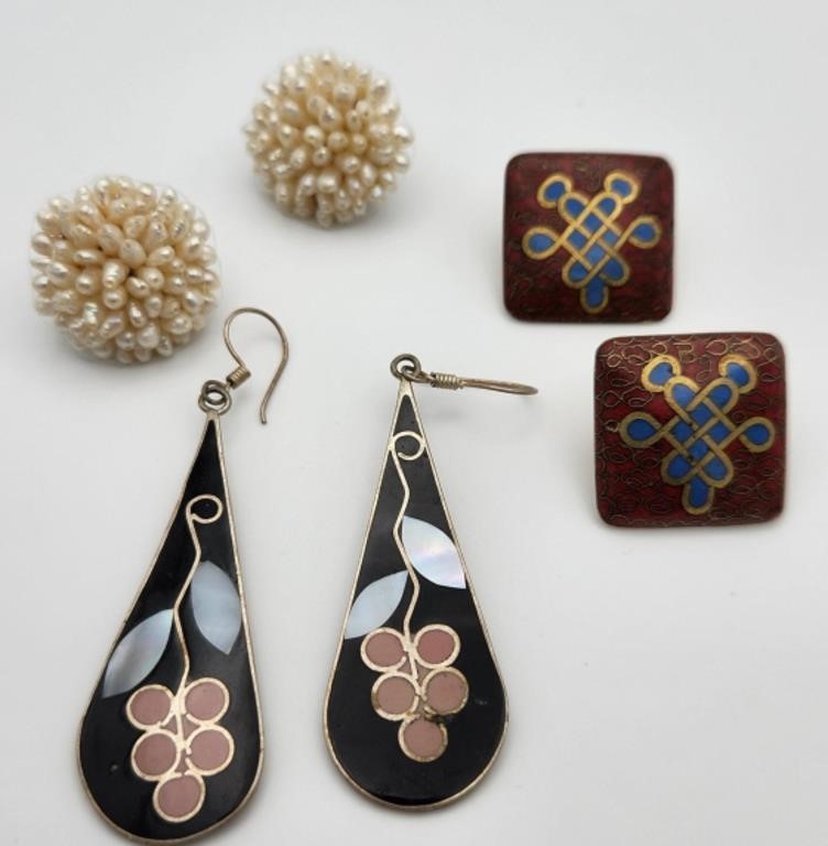 Cloisonne, Inlaid, and Pearl Earrings
