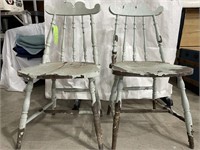2 primitive green painted chairs