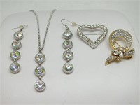 RHINESTONE BROOCHES, EARINGS, AND NECKLACE