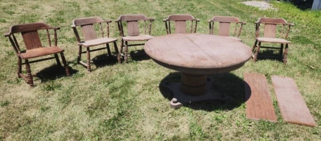 48" oak veneer road table with 6 chairs & two
