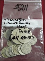 (11) Silver Quarters, (2) Silver Dollars, Silver
