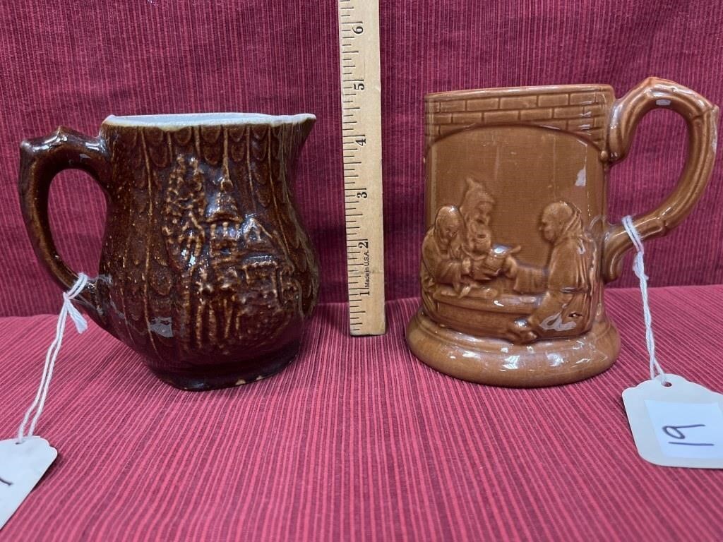 2 brown ware, monks in tavern mug, castle scene