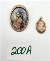 Shell Cameo Pendant & Hand Painted Portrait Pin/Pe