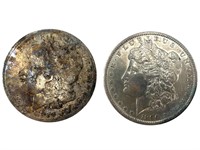 1889 F, 1890 AU Morgan Silver dollars