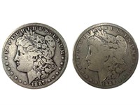 1887 S F, 1888 VG Morgan Silver dollars
