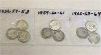 SILVER Roosevelt Dime Lot x 9 1956-1964