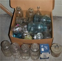 Box Full of Antique/Vtg Canning Jars, Bottles +