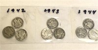 SILVER Mercury Dime LOT x 9 1942-44