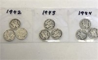 SILVER Mercury Dime LOT x 9 1942-44