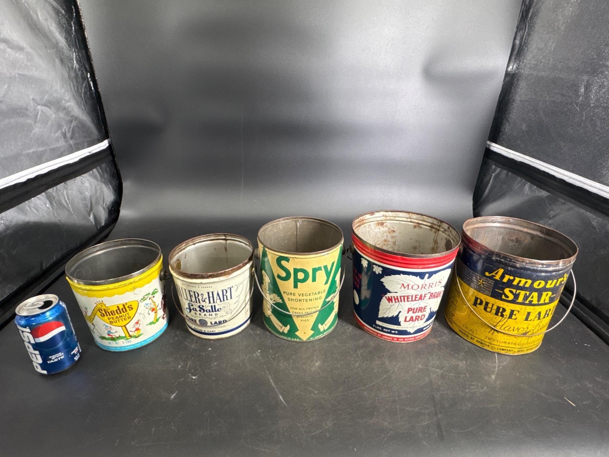 LOT OF 5 SMALL LARD AND PEANUT BUTTER BUCKETS