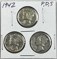 1942-P,D,S Mercury Silver Dimes, US 10c Coins
