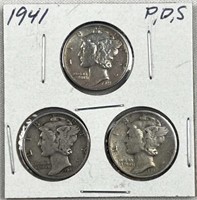 1941-P,D,S Mercury Silver Dimes, US 10c Coins