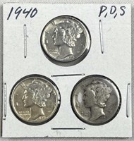 1940-P,D,S Mercury Silver Dimes, US 10c Coins