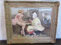Oil Painting - Clown & Ballerina Playing Checkers