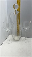 VTG ETCHED CRYSTAL WINE DECANTER W/ 2 GLASSES