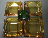 5pc Vntg Amber & Green Ashtrays- Chipped