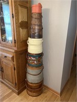 Stack of Primitive wooden sugar buckets. (7)