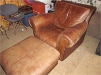 Leather Rolled Arm Easy Chair & Matching Ottoman