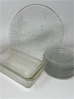 Pyrex Lidded Loaf Pan, Pressed Glass Platter