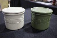 2 Longaberger small crocks with lids and candles