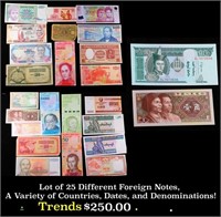 Lot of 25 Different Foreign Notes, A Variety of Co