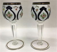 Pair Of Bohemian Glass Hand Painted Wine Glasses