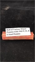 Roll of various wheat pennies with 1943 p d and a