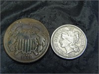 1866 3 Cent nickle & 1965 2 Cent coins