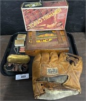 Vintage Leather Baseball Glove, Fishing Hooks,