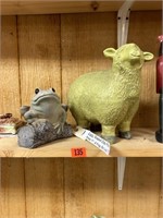 2 pcs Glazed Clay Pottery Sheep & Frog On Log