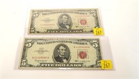 2- $5 United States red seal notes, series of 1953
