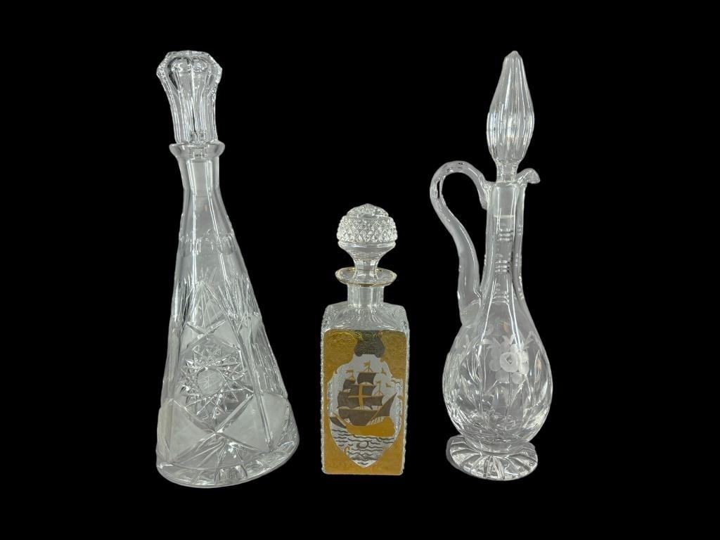 (3) Cut Crystal Decanters. Various Cut Glass w/