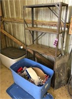 Metal shop rack & plastic tub of picnic items