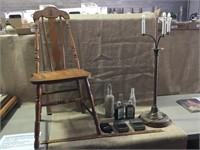 Untested lamp, wooden chair, match holders