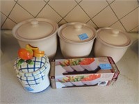3 CERAMIC CANISTERS (ONE WITH REPAIRED LID), SNACK