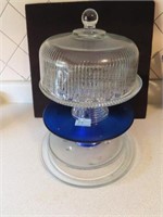 COVERED CRYSTAL CAKE STAND, BLUE GLASS CAKE STAND,