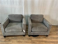 Pair Nailhead Grey Club Chairs