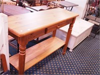 Knotty pine sofa table with one small drawer