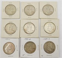 (9) 1949 US Ben Franklin silver half dollars.