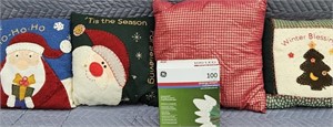 Christmas pillows & 100 LED C-5 lights in box