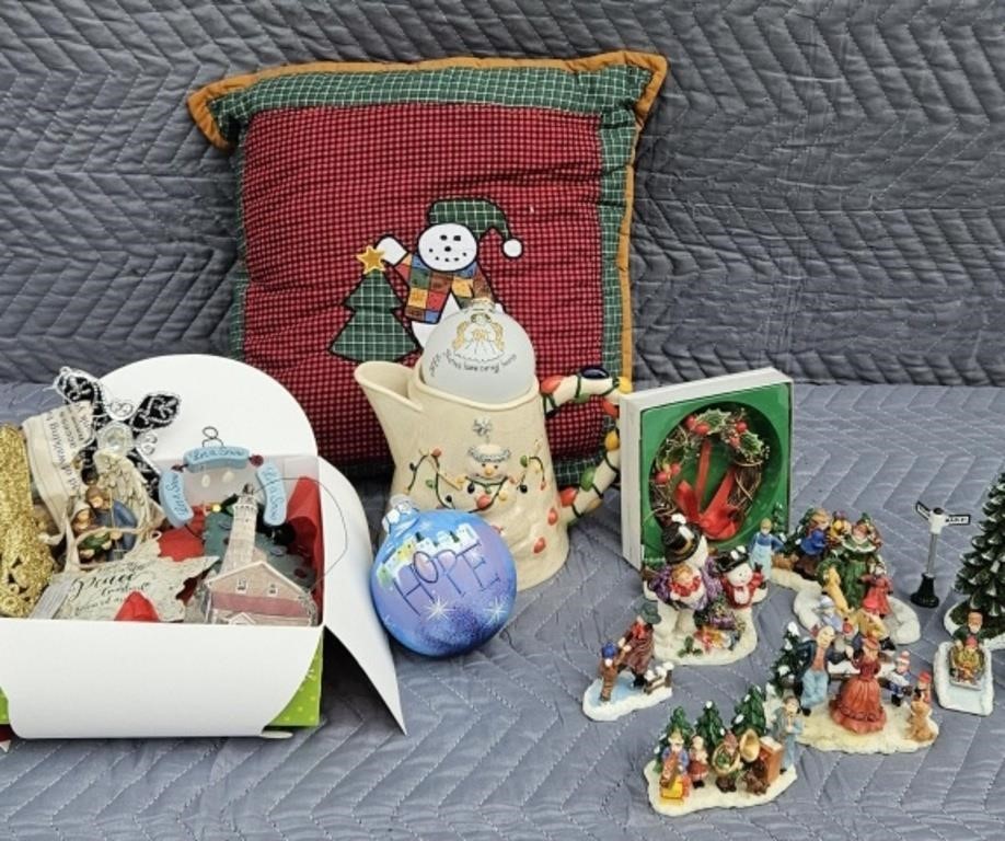 Christmas pillow, box of ornaments & figurines