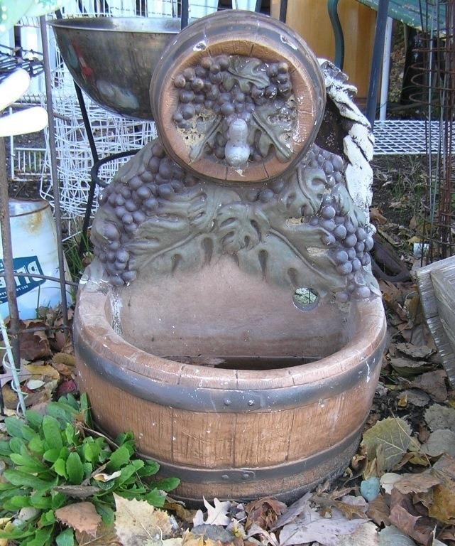 Grape and wine barrell shaped hand painted cement