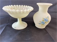 Fenton Hand Painted Pedestal Vase & Dish