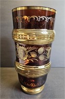 Vtg Ruby/Gold Etched 9.5" Glass Vase