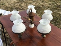 HANGING LIGHT FIXTURE WITH 5 MILK GLASS SHADES