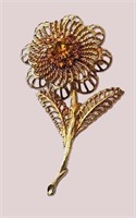 VINTAGE SIGNED GOLD AMBER CRYSTAL FLORAL BROOCH