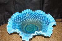 Fenton Blue Hobnail Opalescent Crimp Edge Bowl