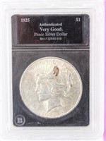 Coin 1925-P Peace Silver Dollar Certified V.G.