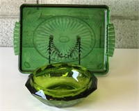 Vintage Green Glass Tray and Ashtray