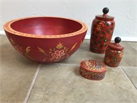 Hanpainted Wood Bowl, Lidded Jars and Box